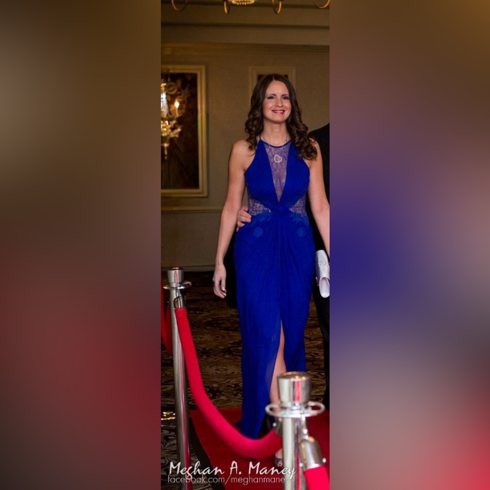 BCBGMAXAZRIA Maxine Royal Blue Silk and Lace Gown with Front Slit, Size 2